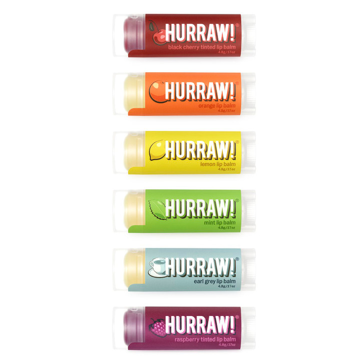 Hurraw Lip Balms Staff Favorites 6 Balm Bundle Pack Black Cherry Tinted Sheer Red Tint Orange Lemon Mint Earl Grey Raspb