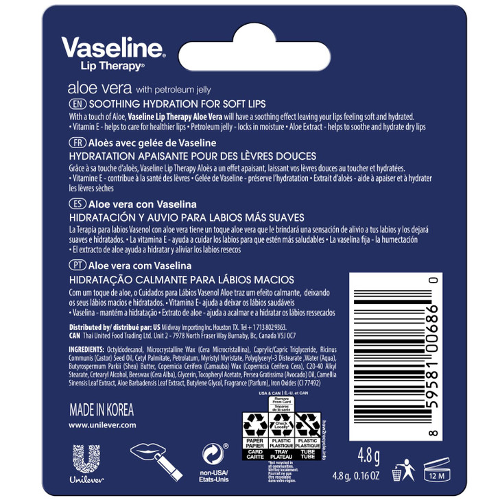 Vaseline Lip Therapy Aloe Fresh 12Pack Moisturizing Lip Balm for Very Dry Lips 016 Oz Ea