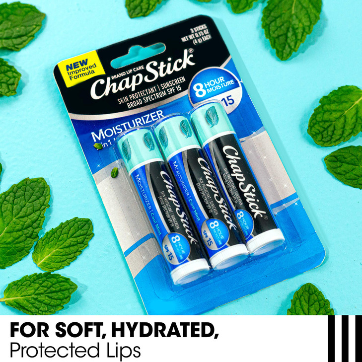 ChapStick Moisturizer Cool Mint Flavor 015 Ounce 3 Sticks Lip Balm Tube Skin Protectant Lip Care SPF 15