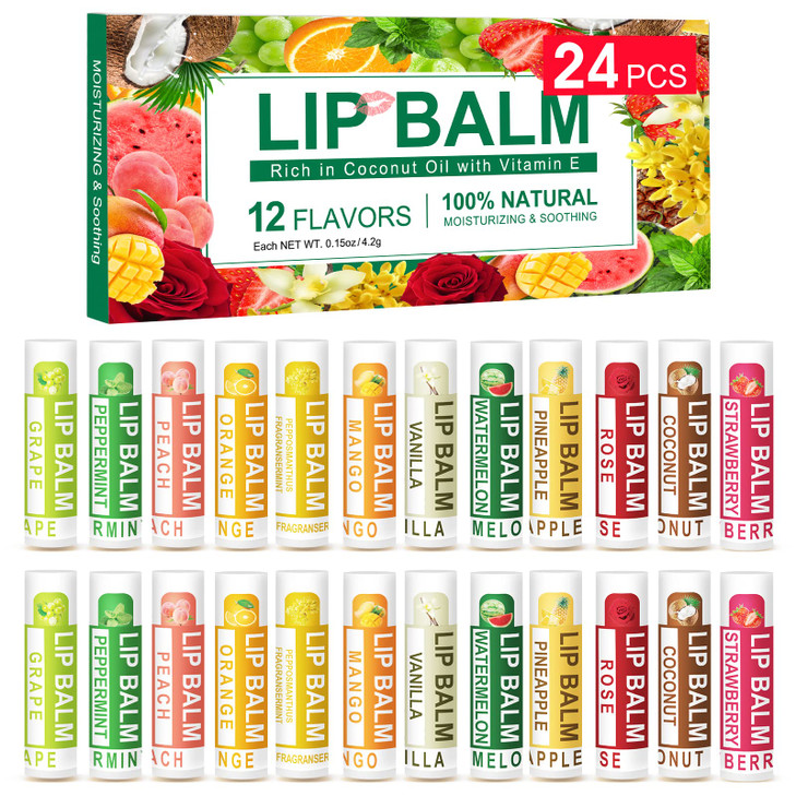 DMSKY Natural Lip Balm Bulk 24 Pack Moisturizing Lip Balm with Vitamin E and Coconut Oil Lip Care Product for Chapped Li