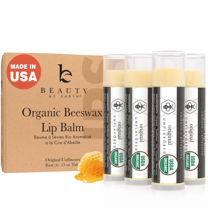 USDA Organic Lip Balm USA Made with Natural Ingredients 4 Pack Unflavored Chapstick for Dry Lips Birthday Gifts for Her
