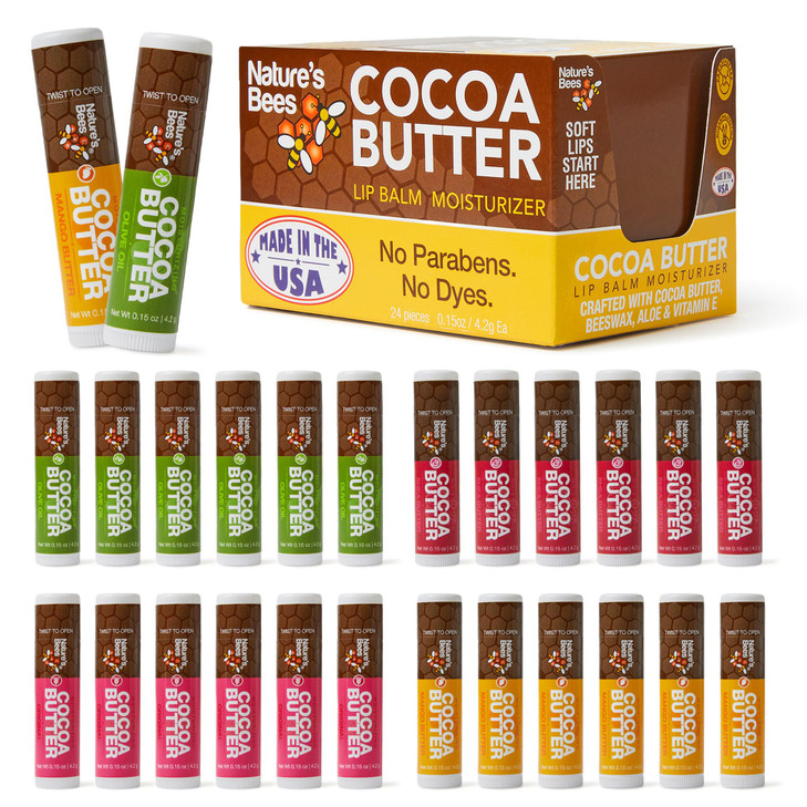 Natures Bees Cocoa Butter Lip Balm Moisturizer 24 Pack 4 Flavors Original Shea Butter Mango Butter Olive Oil Made with C