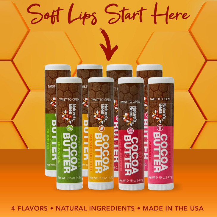 Natures Bees Cocoa Butter Lip Balm Moisturizer 24 Pack 4 Flavors Original Shea Butter Mango Butter Olive Oil Made with C