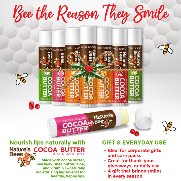 Natures Bees Cocoa Butter Flavored Lip Balm Tubes Set Bulk Assortment Chap Treatment Moisturizer For Dry Lips Original V