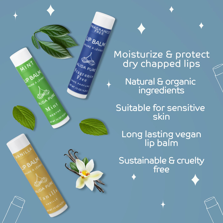 ALIDA PURE Favorites Lip Balm Collection Vegan Set Bees Wax Free Coconut Oil Free with Organic Jojoba and Avocado Oil Vi