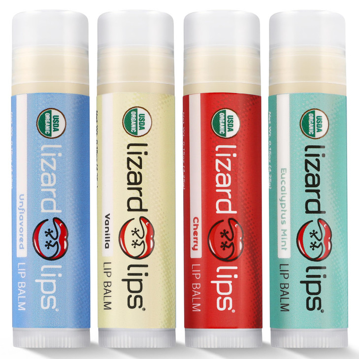 LizardLips Natural Lip Balm Set of 4 USDA Certification Lip Moisturizer Unflavored Vanilla Cherry Eucalyptus Mint Travel