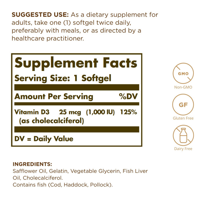 Solgar Vitamin D3 (Cholecalciferol) 25 mcg (1000 IU) - 100 Softgels - Helps Maintain Healthy Bones & Teeth - Immune System Support - Non-GMO, Gluten online at globaldelivered