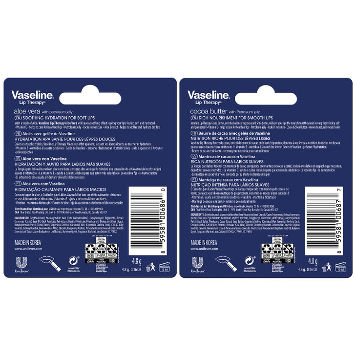 Vaseline Lip Therapy Variety 4Pack Cocoa Butter Aloe Vera Moisturizing Lip Balm with Vitamin E 016 Oz Ea