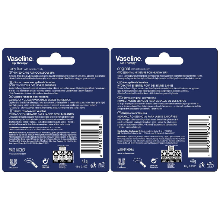 Vaseline Lip Therapy Variety 4Pack Original Rosy Lips Moisturizing Lip Balm with Vitamin E 016 Oz Ea