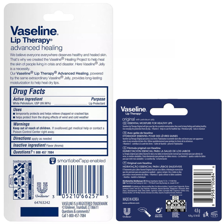 Vaseline Lip Therapy Advanced Healing Lip Balm Tube 12Pack White Petroleum Lip Protectant 025 Oz Ea