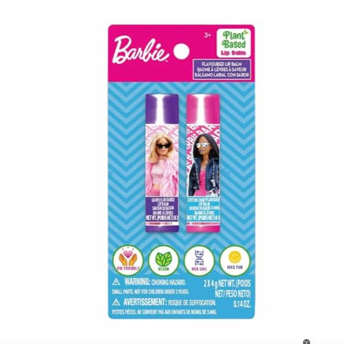 Barbie 2 Lip Balm with Flavors Include Blue Blueberry and Pink Cotton Candy Lip Balm on Card 2 Shimmery Lip Balms
