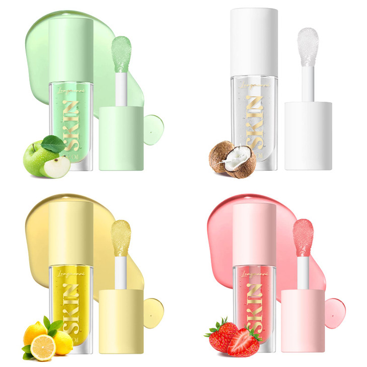 Mrettick Plumping Lip Oil 4 Packs Hydrating Lip Glow Oil Fruit Extract Lip Gloss Moisturizing Lip Balm and Tinting for D