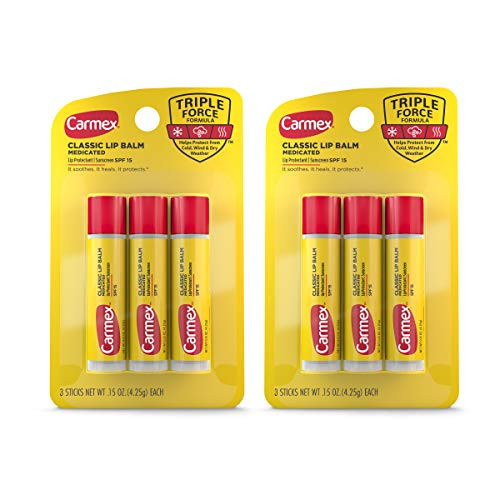 Carmex Medicated Lip Balm Sticks Lip Moisturizer for Dry Chapped Lips 015 OZ 2 Packs of 3