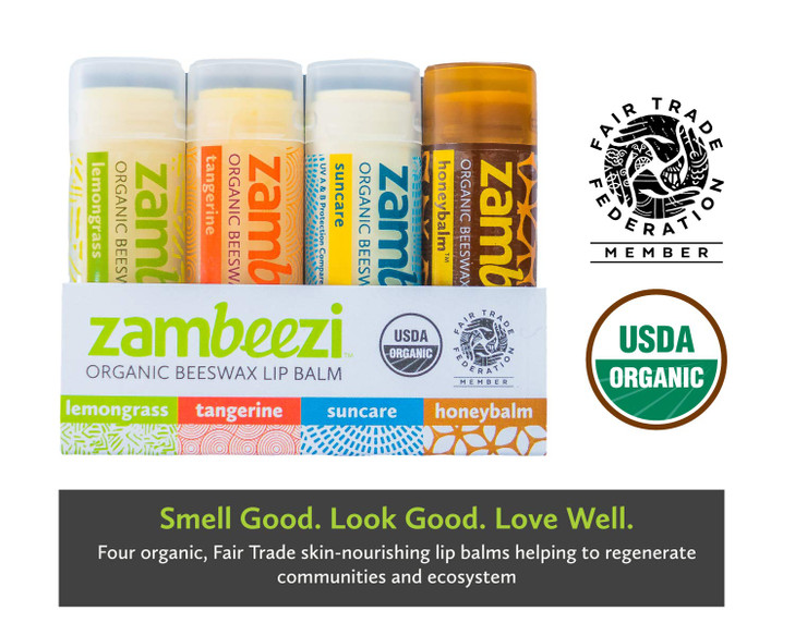 ZAMBEEZI Fair Trade Organic Beeswax Lip Balm Variety 4 Pack Lemongrass Tangerine Suncare and Honeybalm Ethically Sourced