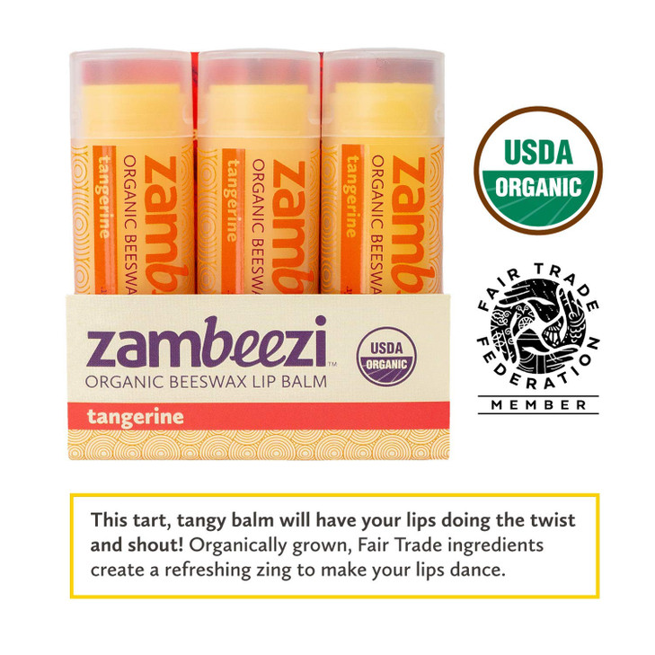 ZAMBEEZI Organic Fair Trade Beeswax Lip Balm Tangerine 3 Pack Ethically Sourced