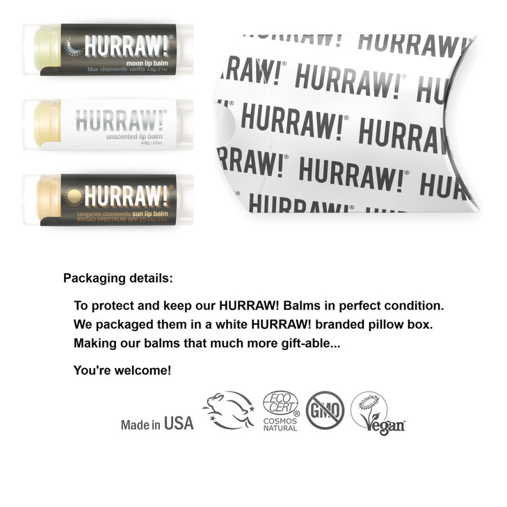 Hurraw Moon Night Treatment Unscented Sun Zinc Oxide SPF15 Lip Balms 3 Pack Bundle Organic Certified Vegan Cruelty Glute