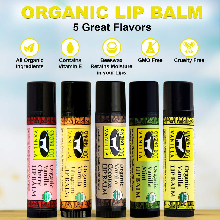 Singing Dog Vanilla USDA Organic Beeswax Lip Balm 5flavor Variety Vitamin E Grade A Vanilla Vanilla Cherry Vanilla Cocon