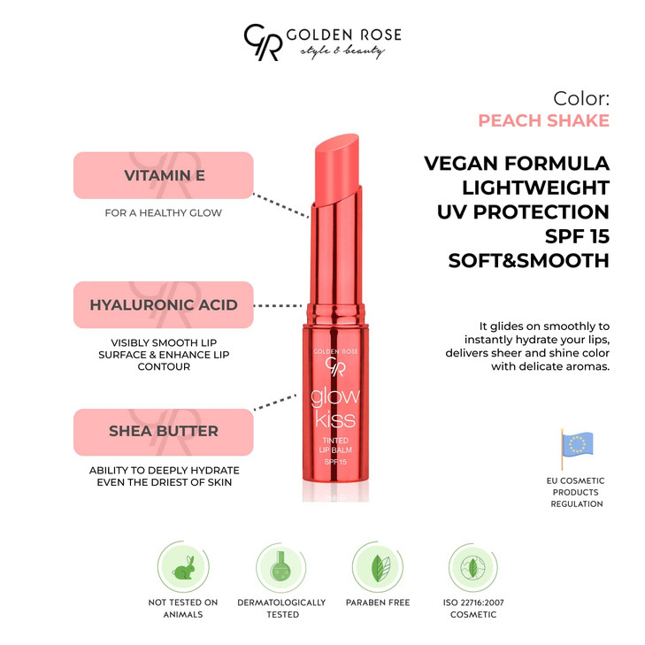 Golden Rose Cosmetics Glow Kiss Tinted Lip Balm with SPF15 Vegan Formula Peach Shake