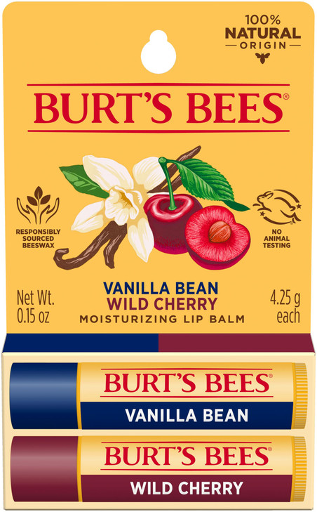 Burts Bees 100 Natural Lip Balm Wild Cherry and Vanilla Bean Blister Box 03 Ounce 2 Count