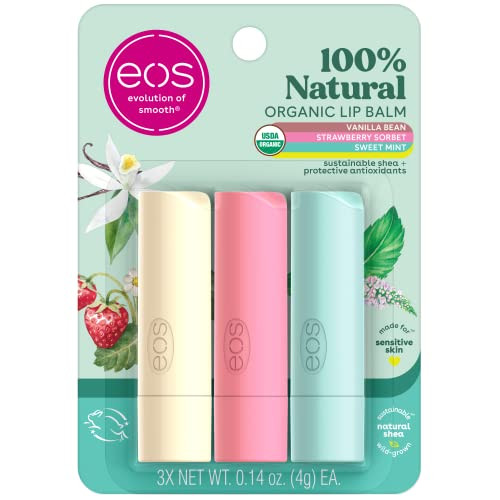 eos 100 Natural Organic Lip Balm Trio Vanilla Bean Sweet Mint Strawberry Sorbet Made for Sensitive Skin Lip Care Product