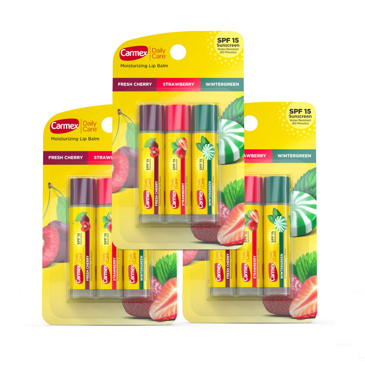 Carmex Daily Care Moisturizing Lip Balm Sticks SPF 15 MultiFlavor Lip Balm Pack 9 Count 3 Packs of 3