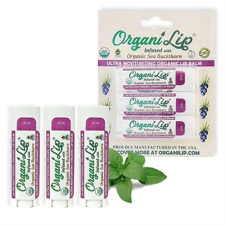 OrganiLip Organic Lip Balm Acai Flavor Ultra Hydrating Lip Moisturizer for Cracked or Dry Lips Oval Shaped Tube USDA Cer