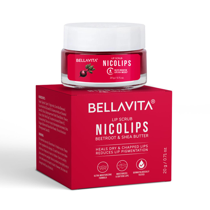 BellaVita Luxury NicoLips Lip Scrub 20gm Lip Balm For Exfoliation Dark Lip Moisturizing With Goodness of Beetroot Shea B