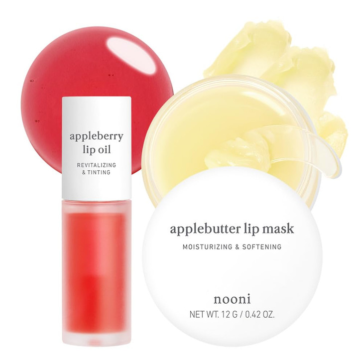 NOONI Korean Vegan Best Lip Duo Applebutter Lip Mask and Appleberry Lip Oil Value Set with Shea Butter Apple Seed Oil an