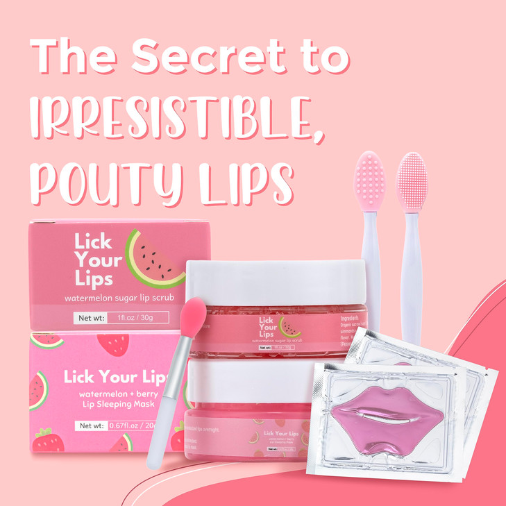 Lick Your Lips 6in1 Lip Care Kit With Lip Sleeping Mask Silicone Brush Sugar Lip Scrub Lip Mask Sheet to Reveal Luscious