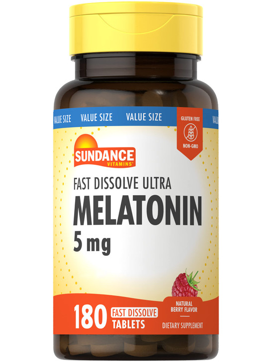 Sundance Melatonin 5mg Tablets | 180 Vegetarian Count | Fast Dissolve | Natural Berry Flavor | Vegetarian, Non-GMO and Gluten Free Supplement online at globaldelivered
