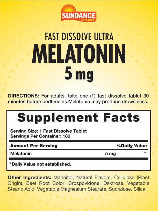 Sundance Melatonin 5mg Tablets | 180 Vegetarian Count | Fast Dissolve | Natural Berry Flavor | Vegetarian, Non-GMO and Gluten Free Supplement online at globaldelivered