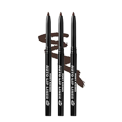 Ruby Kisses Auto Lip Liner Pencil Dark Brown 3 Pack Long Lasting NonFading Smooth Application NonFeathering with Rich Pi