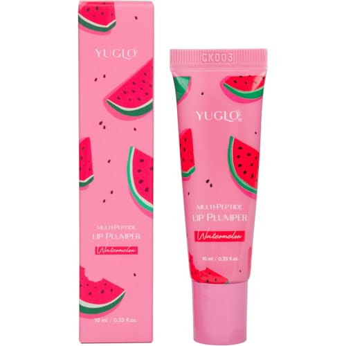 YUGLO Lip Plumping Gloss with MultiPeptides Watermelon Flavor Hydrating Nourishing Lip Gloss Treatment for Smooth Youthf