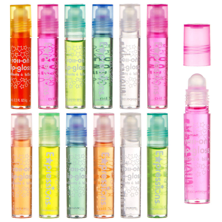 Expressions girl 12pc Roll On Lip Gloss Set with Carrying Case Glossy Lip Makeup for Kids and Teens Fruity Flavors Non T