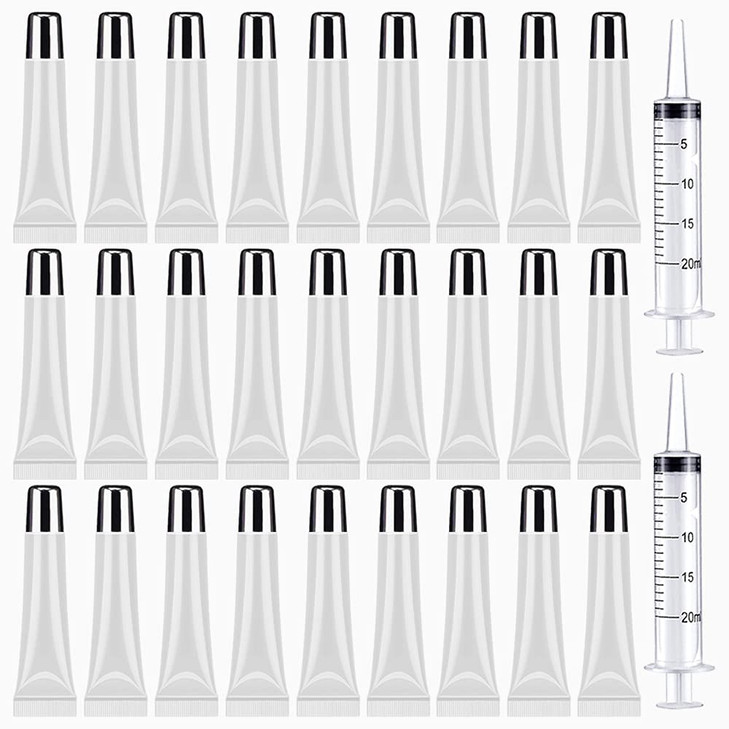 50PCS Lip Gloss Containers 15ml Silver Cap Refillable Cosmetic Squeeze Tubes 2 x 20ml Syringes Tag Labels Stickers for D