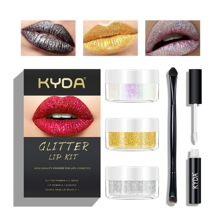 KYDA 3 Colors Glitter Lip Kit Diamond Metllic High Pigmented Powder for Lips Cosmetics Glitter Lips Makeupwith Lip Prime