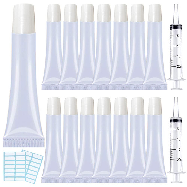 AMORIX 50pcs Lip Gloss Tubes 15ml White Refillable Cosmetic Squeeze Tubes 2 x 20ml Syringes and Tags for DIY Lip Gloss B