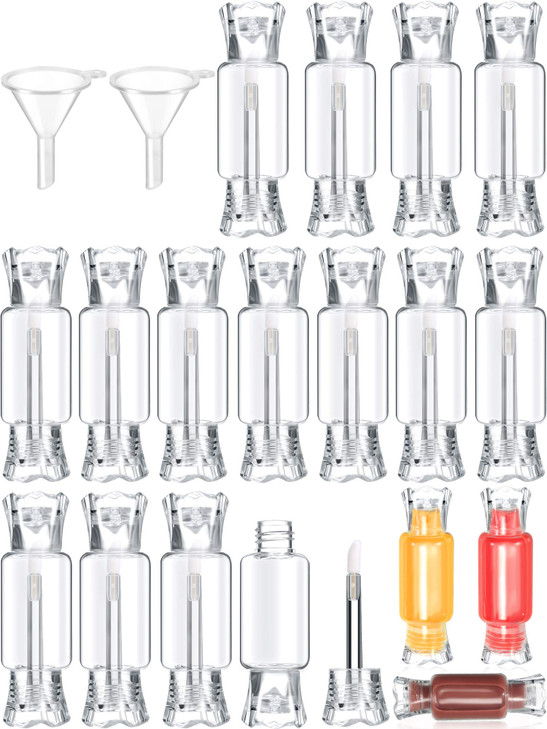 Blulu 20 Pieces Empty Lip Gloss Tubes with Wand 9 ml Mini Clear Candy Shape Lip Balm Tube Containers and 2 Pieces Funnel