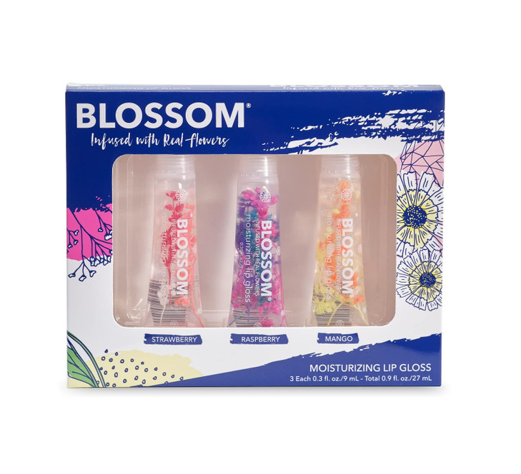 Blossom Scented Moisturizing Lip Gloss Tubes Infused with Real Flowers 09 fl oz27ml 3 pack Full Size Gift Set Strawberry