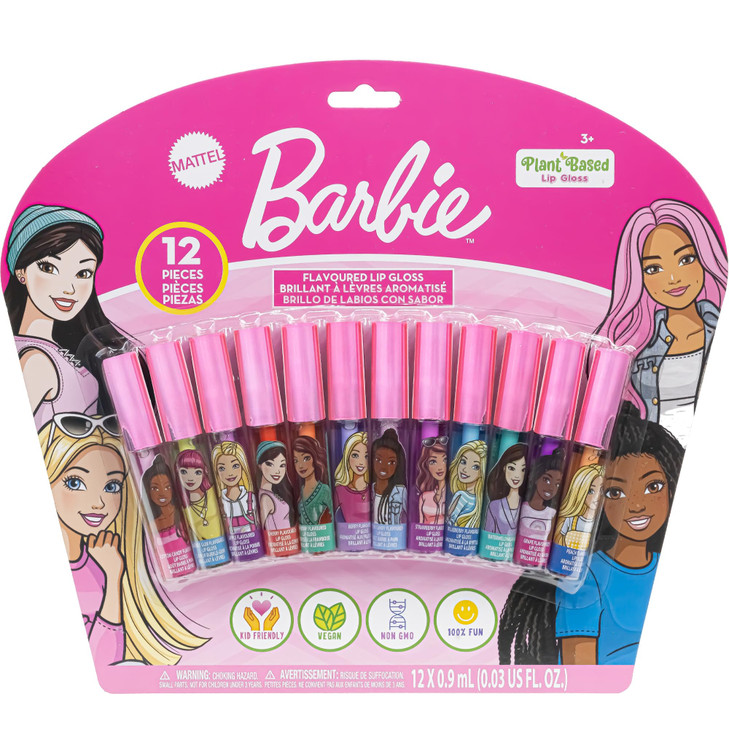 Barbie 12 Piece Plant Based Lip Gloss Girls Party Favors First Makeup Set for Girl Perfect for Parties Sleepovers and Bi