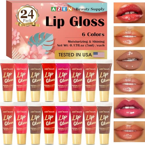 AZEN 24 Pack Lip Gloss Set Color Lip Oil for Dry Cracked Lips Moisturizing Hydrating Nourishing with Vitamin E Valentine