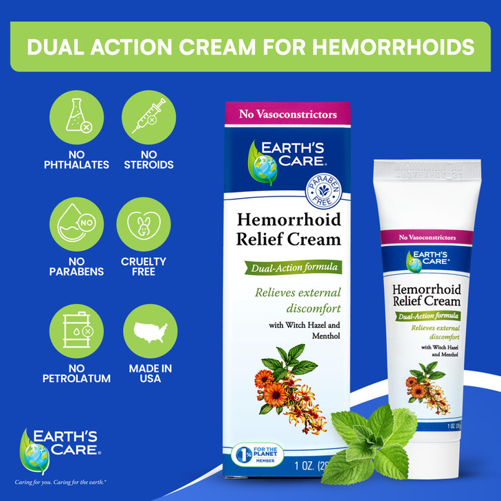 Earth's Care Hemorrhoid Cream - Hemorrhoid Treatment Cream with Natural Ingredients Witch Hazel and Menthol - Dual Action Formula - 1 OZ. (28 g) online at globaldelivered