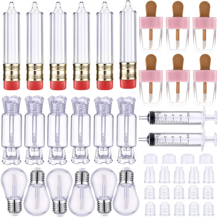 Maitys 28 Pieces Transparent Empty Lip Gloss Tube Containers Include 24 Pencil and Candy Shaped Oil Bottles Ice Cream Fu