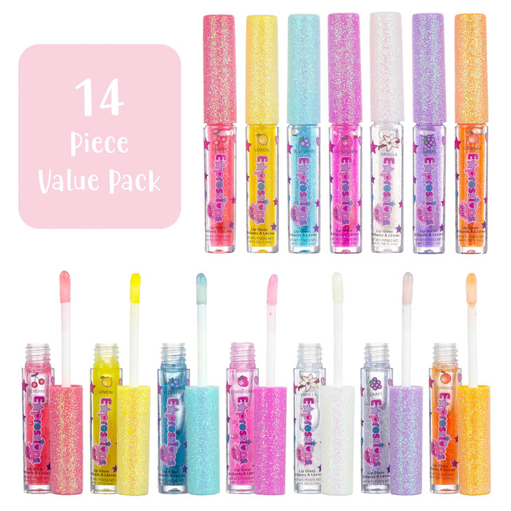 Expressions girl 14pc Fruity Flavored Lip Gloss Set Lip Gloss in Assorted Fruity Flavors Non Toxic Makeup for Kids Teens