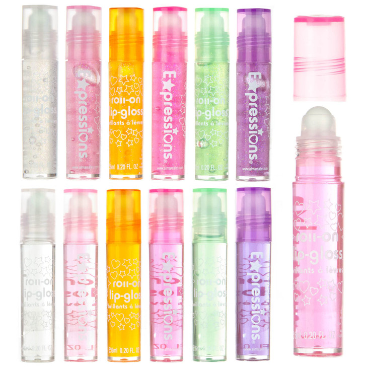 EXPRESSIONS 12pc Roll On Lip Gloss Set with Carrying Case 12Piece Glossy Lip Makeup Assorted Fruity Flavors Non Toxic Ki