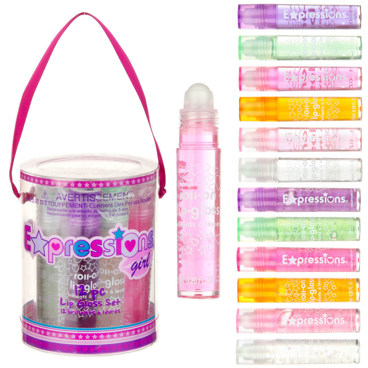 EXPRESSIONS 12pc Roll On Lip Gloss Set with Carrying Case 12Piece Glossy Lip Makeup Assorted Fruity Flavors Non Toxic Ki