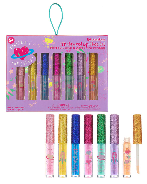 EXPRESSIONS 7pc Girls Rule The Galaxy Lip Gloss Collection For Girls Teens Women Flavored Lip Gloss Glitter Lip Kit Part