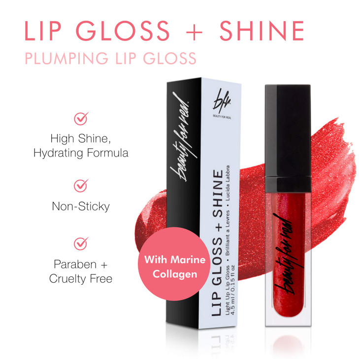 Beauty For Real Lip Gloss Shine Light My Fire Opaque Everyday Red NonSticky Plumping Hydrating Gloss Light Mirror In Cap