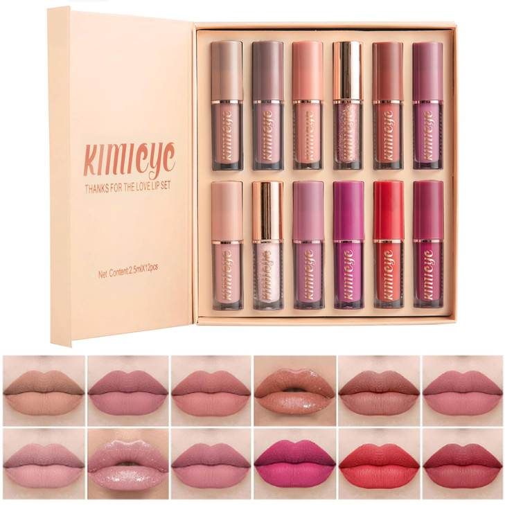 KIMIEYE 12Pcs Velvet Matte Liquid Lipstick Set Waterproof Long Lasting Quickdrying NonStick Cup Nude Lip Stain Kit Up to