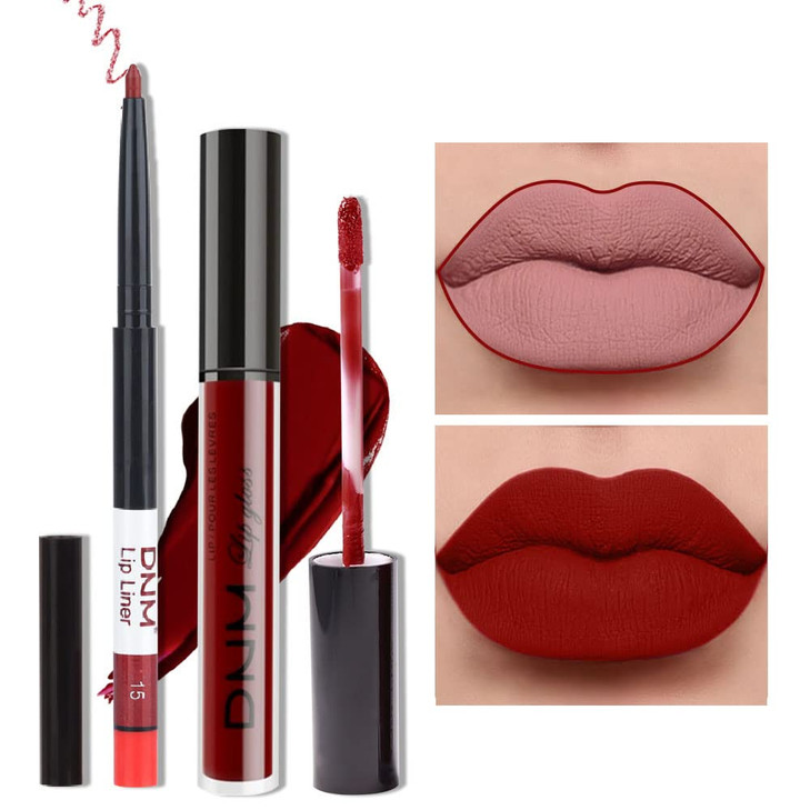 evpct 2Pcs Dark Red Maroon Matte Lipstick and Lip Liner Makeup Set for Women Dark Blood Red Liquid Matte Brown Lipstick